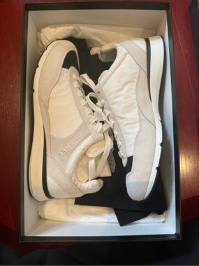 CHANEL White Suede & Nylon Low-Top Sneakers